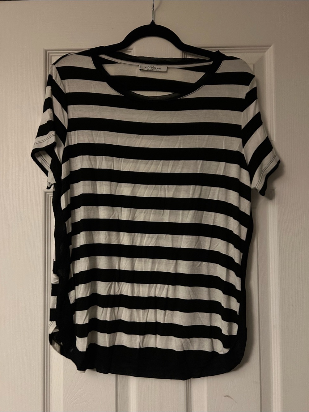 Violetta by Mango Black & White Striped Short Sleeve Top